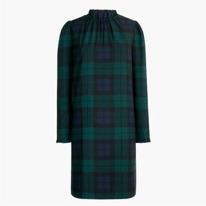 J. Crew Plaid Green and Black Women's Ruffle Neck Shift Dress